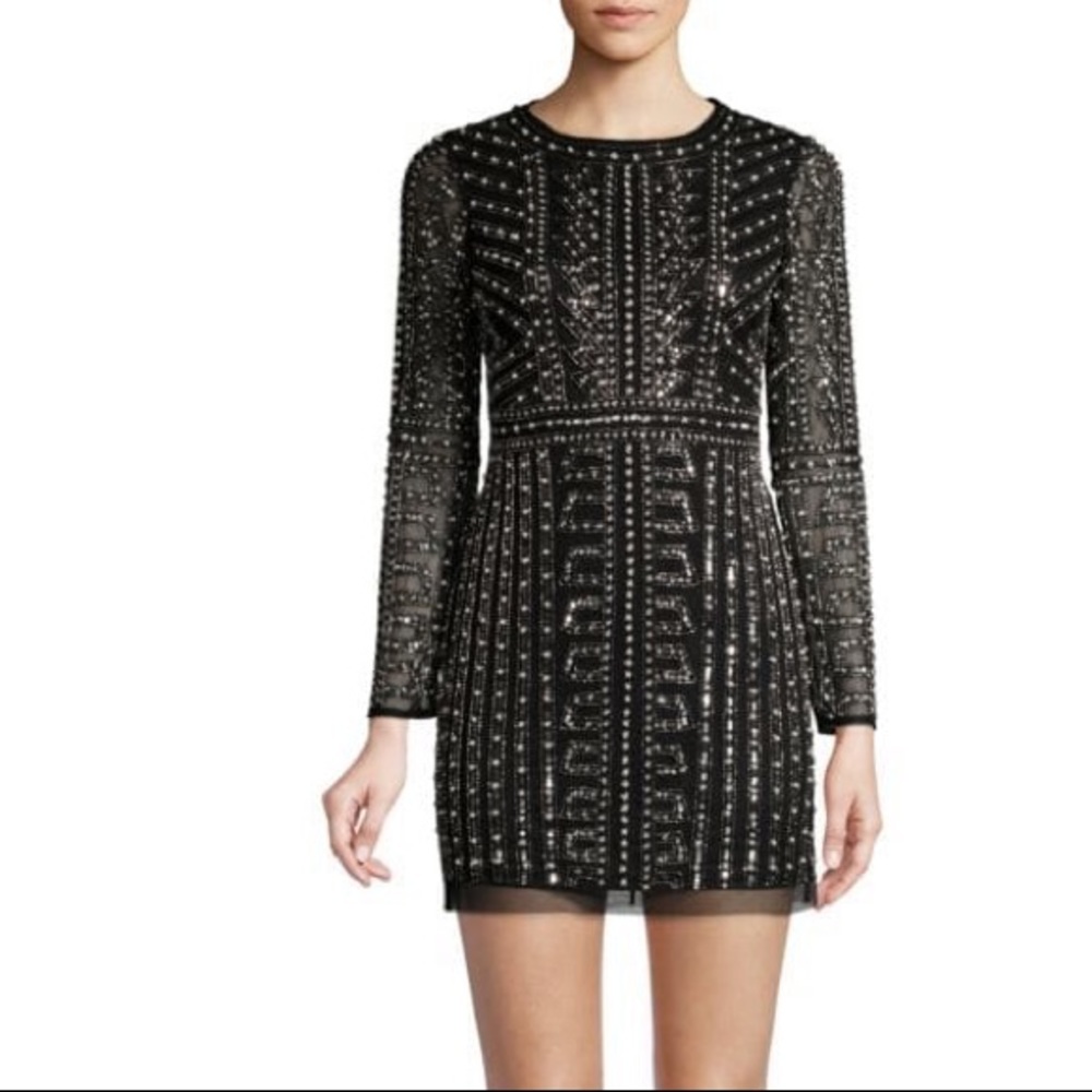 Bead & pearl long sleeve cocktail dress